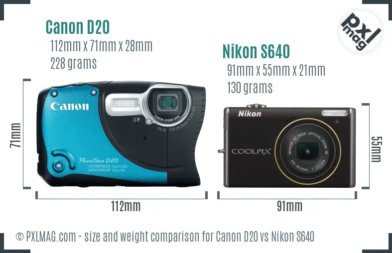 Canon D20 vs Nikon S640 size comparison