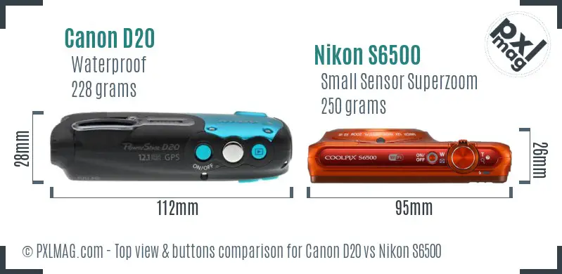 Canon D20 vs Nikon S6500 top view buttons comparison