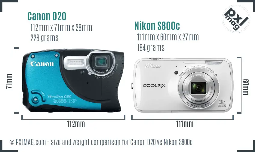 Canon D20 vs Nikon S800c size comparison