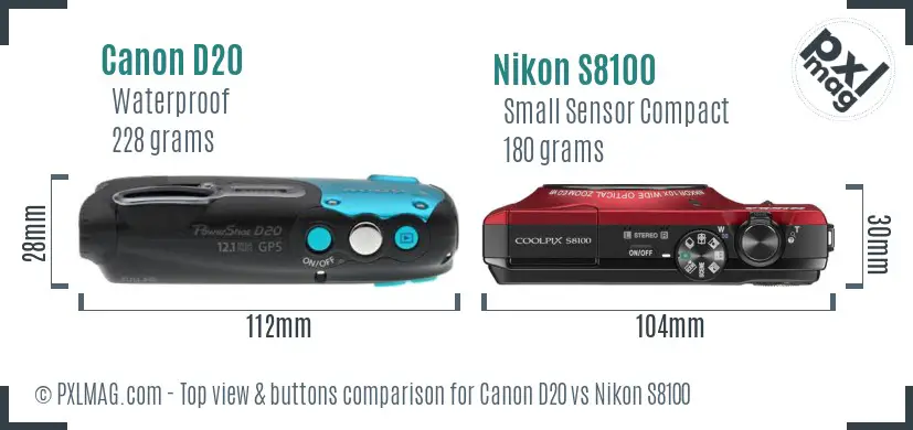 Canon D20 vs Nikon S8100 top view buttons comparison Canon D20 vs Nikon S8100 top view buttons comparison