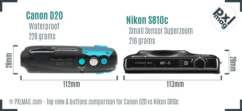 Canon D20 vs Nikon S810c top view buttons comparison Canon D20 vs Nikon S810c top view buttons comparison
