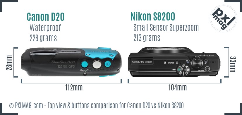 Canon D20 vs Nikon S8200 top view buttons comparison