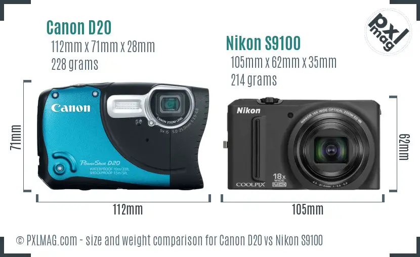 Canon D20 vs Nikon S9100 size comparison