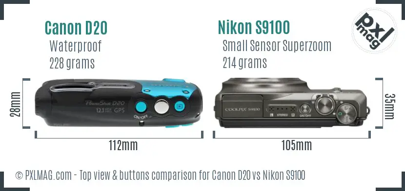 Canon D20 vs Nikon S9100 top view buttons comparison