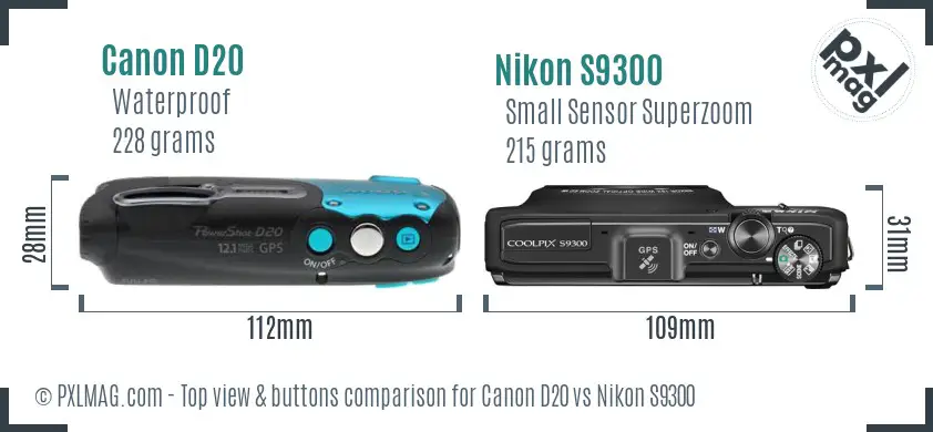 Canon D20 vs Nikon S9300 top view buttons comparison Canon D20 vs Nikon S9300 top view buttons comparison