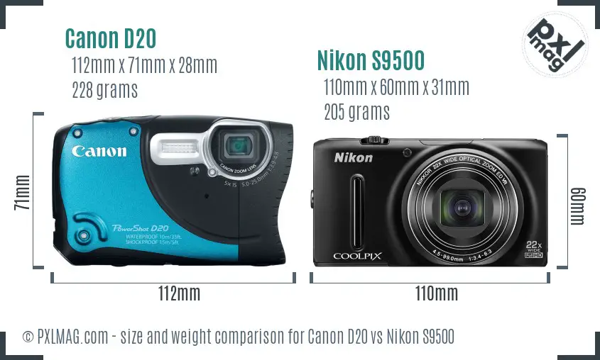 Canon D20 vs Nikon S9500 size comparison