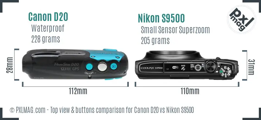 Canon D20 vs Nikon S9500 top view buttons comparison