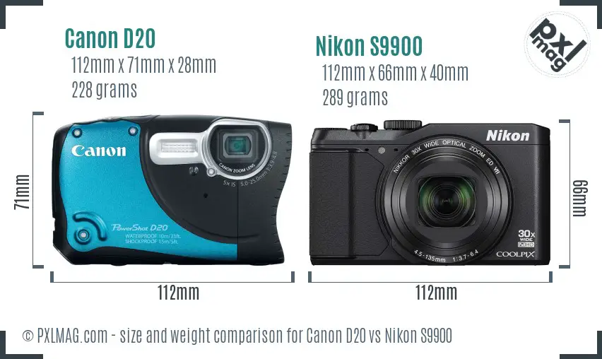 Canon D20 vs Nikon S9900 size comparison