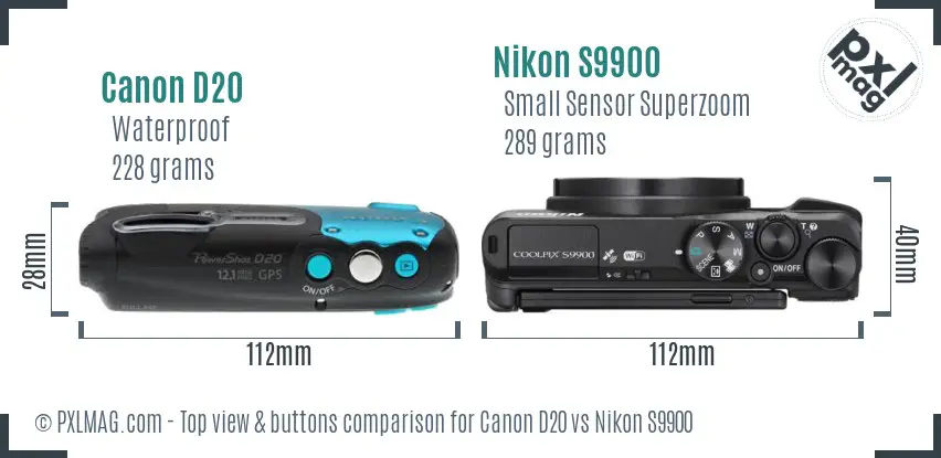 Canon D20 vs Nikon S9900 top view buttons comparison