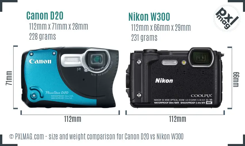 Canon D20 vs Nikon W300 size comparison