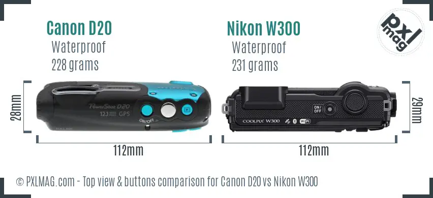Canon D20 vs Nikon W300 top view buttons comparison