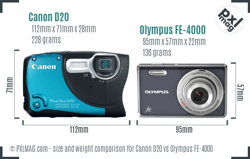 Canon D20 vs Olympus FE-4000 size comparison