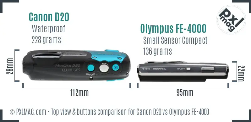 Canon D20 vs Olympus FE-4000 top view buttons comparison