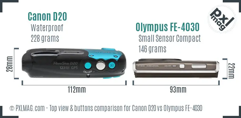 Canon D20 vs Olympus FE-4030 top view buttons comparison
