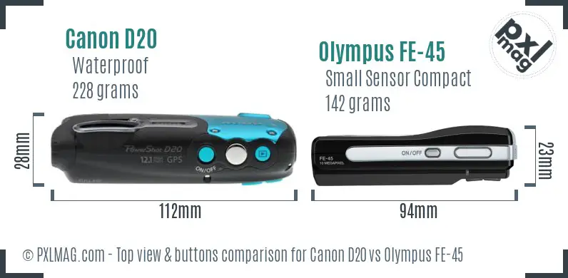 Canon D20 vs Olympus FE-45 top view buttons comparison