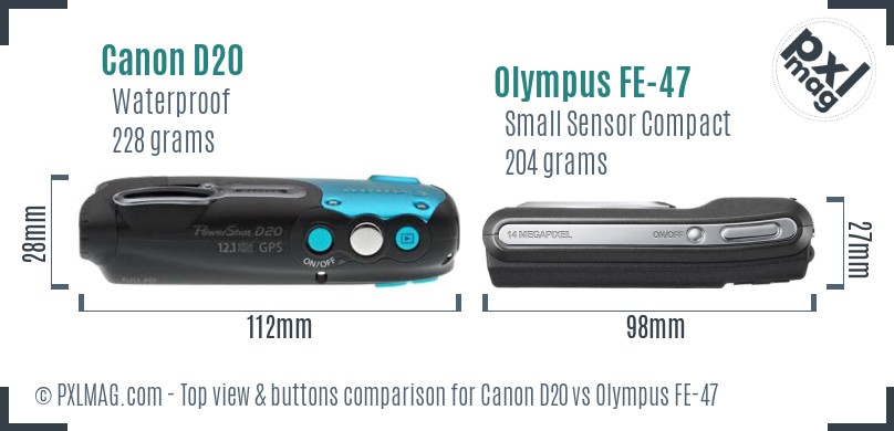 Canon D20 vs Olympus FE-47 top view buttons comparison