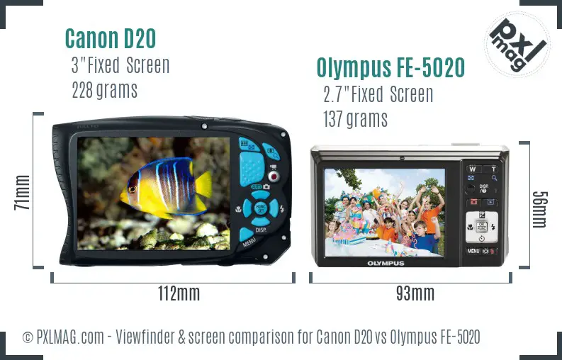 Canon D20 vs Olympus FE-5020 Screen and Viewfinder comparison
