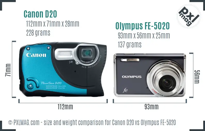 Canon D20 vs Olympus FE-5020 size comparison