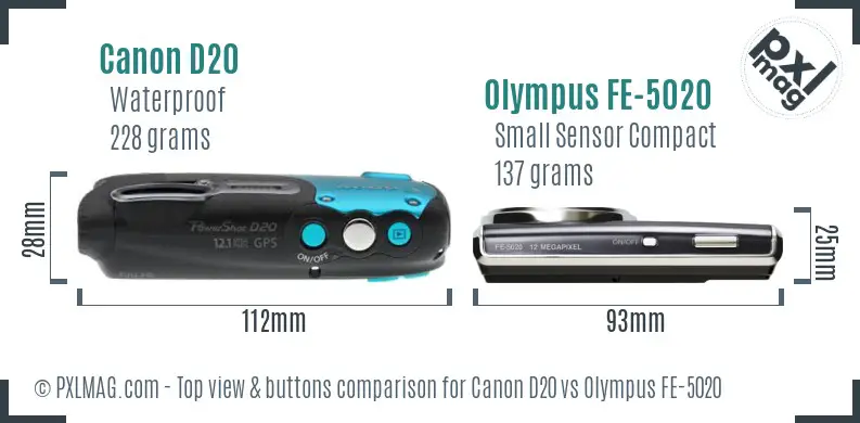 Canon D20 vs Olympus FE-5020 top view buttons comparison