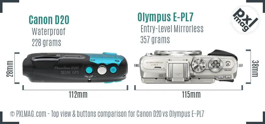 Canon D20 vs Olympus E-PL7 top view buttons comparison