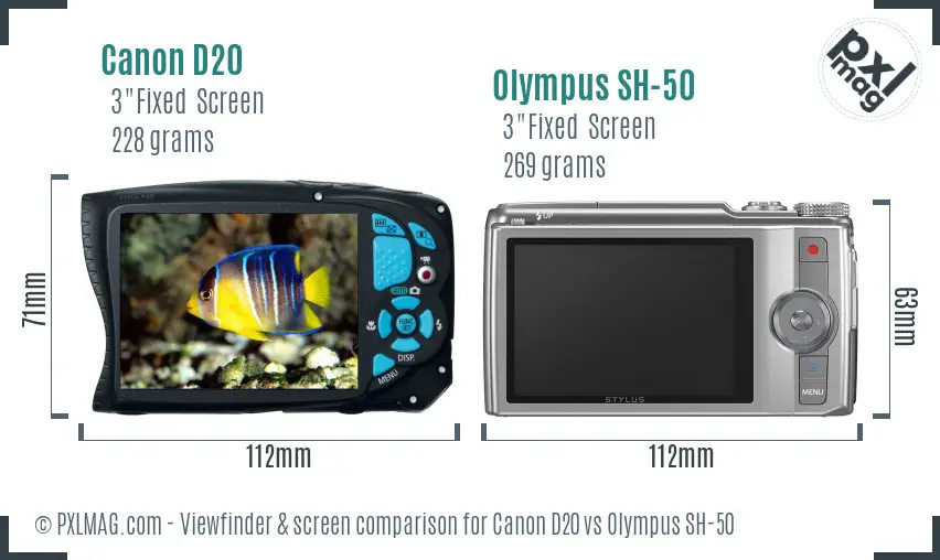 Canon D20 vs Olympus SH-50 Screen and Viewfinder comparison