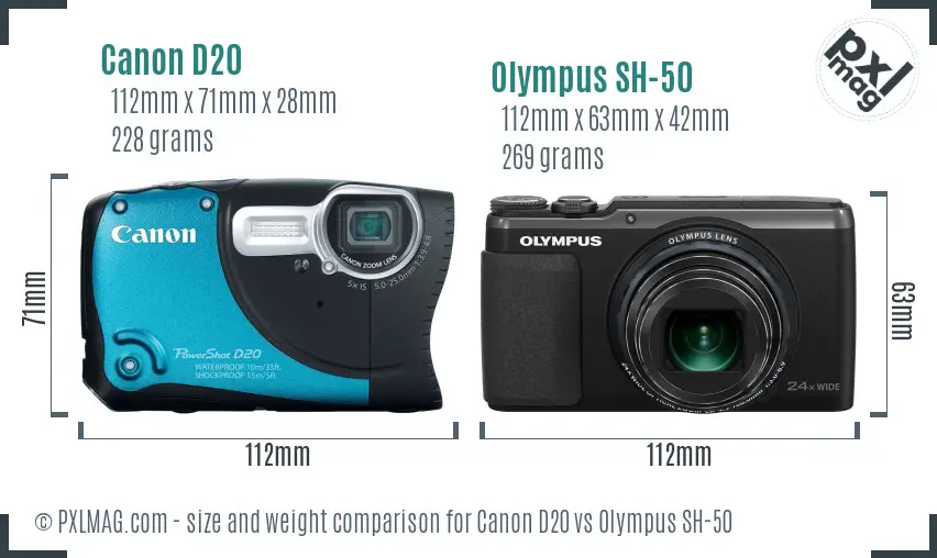 Canon D20 vs Olympus SH-50 size comparison