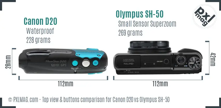 Canon D20 vs Olympus SH-50 top view buttons comparison