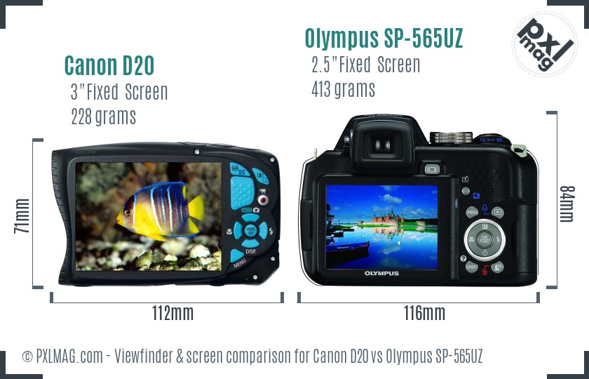 Canon D20 vs Olympus SP-565UZ Screen and Viewfinder comparison
