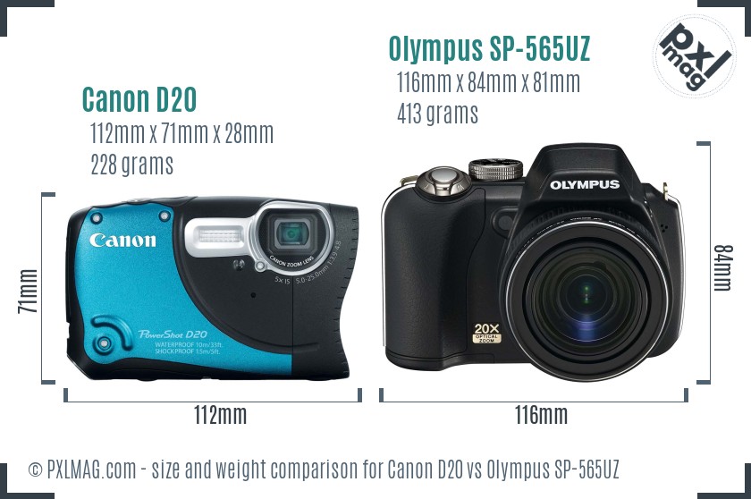 Canon D20 vs Olympus SP-565UZ size comparison