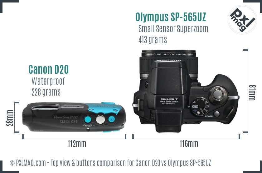 Canon D20 vs Olympus SP-565UZ top view buttons comparison
