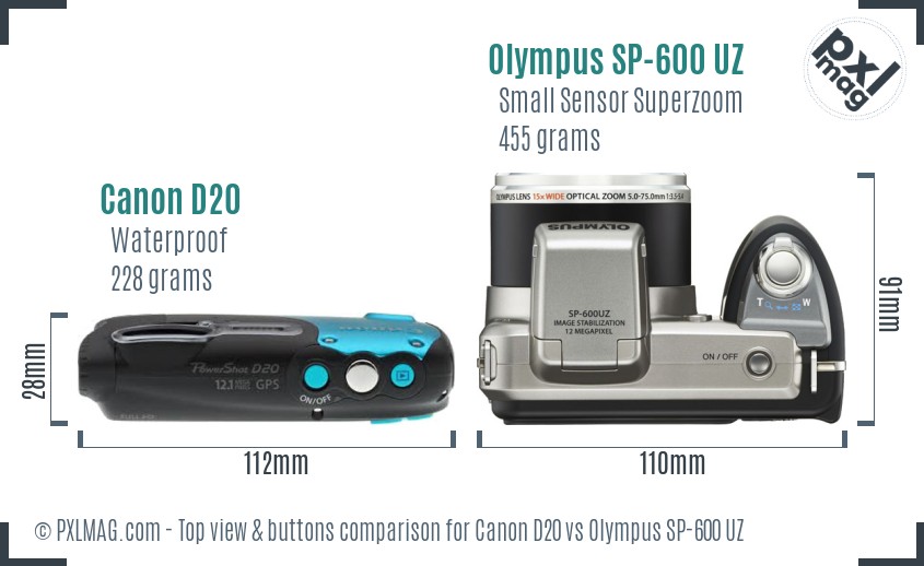 Canon D20 vs Olympus SP-600 UZ top view buttons comparison
