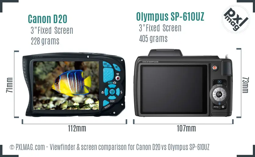 Canon D20 vs Olympus SP-610UZ Screen and Viewfinder comparison