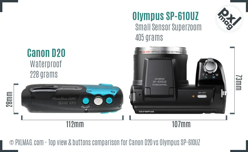 Canon D20 vs Olympus SP-610UZ top view buttons comparison