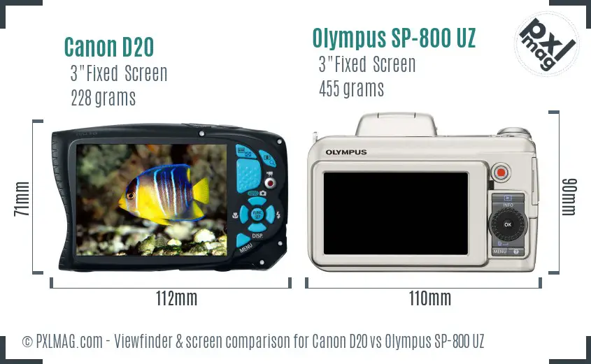 Canon D20 vs Olympus SP-800 UZ Screen and Viewfinder comparison