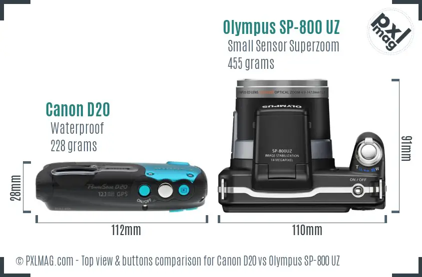 Canon D20 vs Olympus SP-800 UZ top view buttons comparison