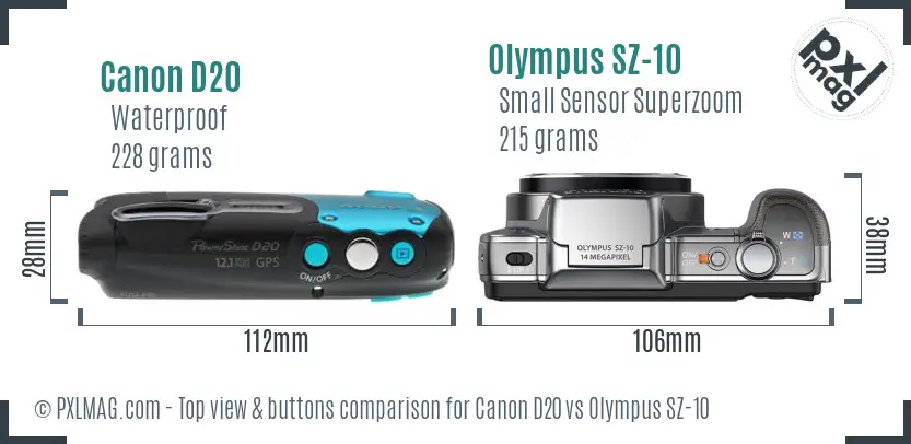 Canon D20 vs Olympus SZ-10 top view buttons comparison