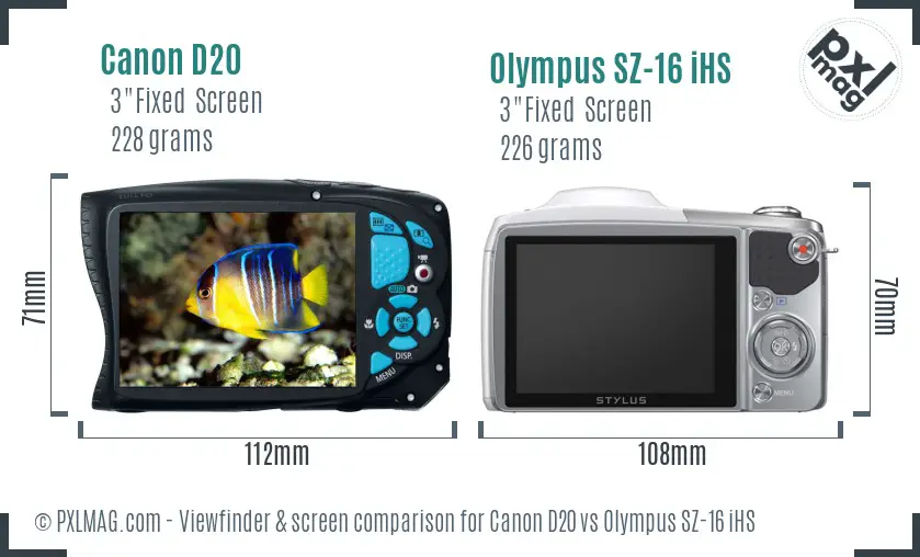 Canon D20 vs Olympus SZ-16 iHS Screen and Viewfinder comparison
