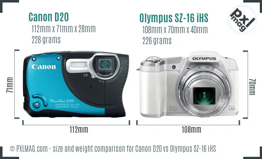 Canon D20 vs Olympus SZ-16 iHS size comparison