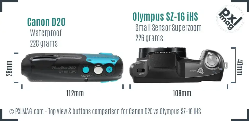 Canon D20 vs Olympus SZ-16 iHS top view buttons comparison