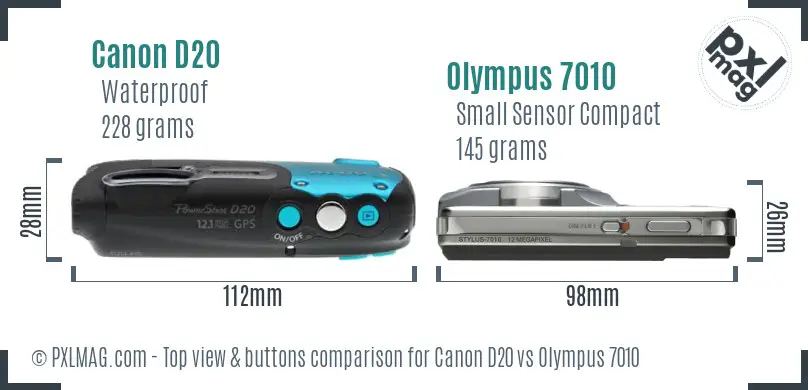 Canon D20 vs Olympus 7010 top view buttons comparison Canon D20 vs Olympus 7010 top view buttons comparison