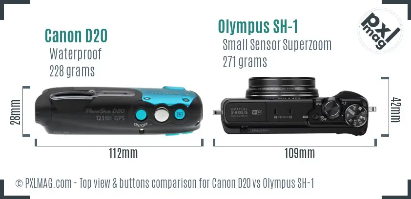 Canon D20 vs Olympus SH-1 top view buttons comparison