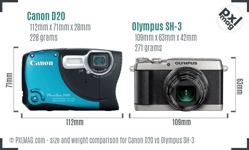 Canon D20 vs Olympus SH-3 size comparison