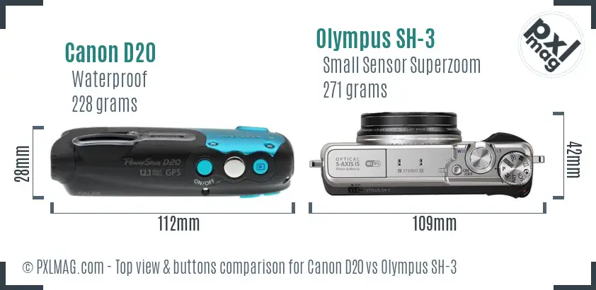 Canon D20 vs Olympus SH-3 top view buttons comparison