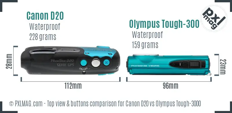 Canon D20 vs Olympus Tough-3000 top view buttons comparison Canon D20 vs Olympus Tough-3000 top view buttons comparison