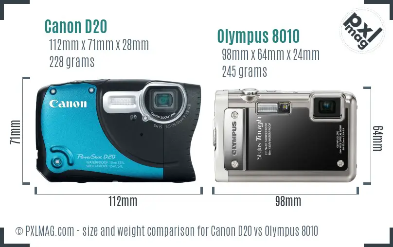 Canon D20 vs Olympus 8010 size comparison