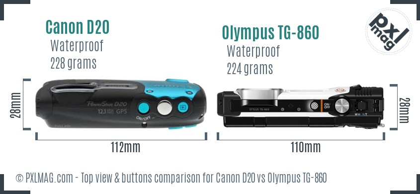 Canon D20 vs Olympus TG-860 top view buttons comparison