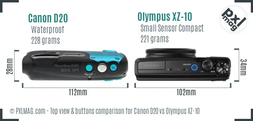 Canon D20 vs Olympus XZ-10 top view buttons comparison Canon D20 vs Olympus XZ-10 top view buttons comparison