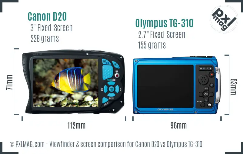 Canon D20 vs Olympus TG-310 Screen and Viewfinder comparison