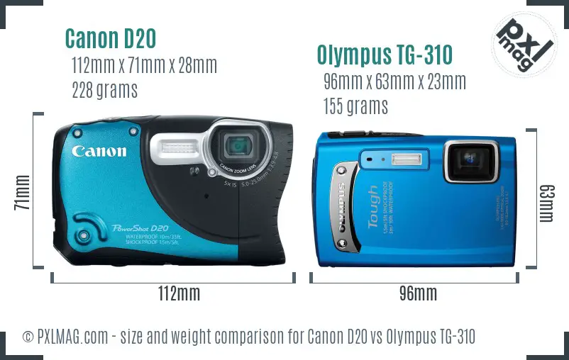 Canon D20 vs Olympus TG-310 size comparison