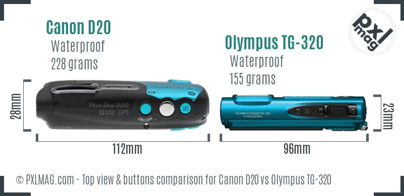 Canon D20 vs Olympus TG-320 top view buttons comparison Canon D20 vs Olympus TG-320 top view buttons comparison